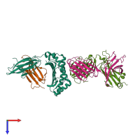 Hetero pentameric assembly 3 of PDB entry 2nx5 coloured by chemically distinct molecules, top view.