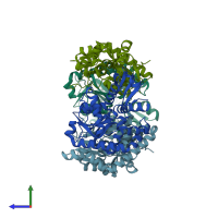 PDB entry 2nxo coloured by chain, side view.