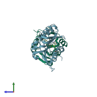PDB entry 2nyu coloured by chain, side view.