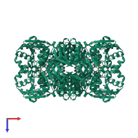 Homo tetrameric assembly 1 of PDB entry 2nz2 coloured by chemically distinct molecules, top view.