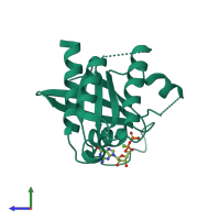 Monomeric assembly 2 of PDB entry 2nzj coloured by chemically distinct molecules, side view.