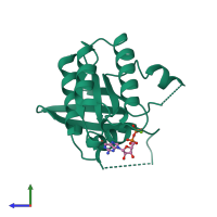 Monomeric assembly 3 of PDB entry 2nzj coloured by chemically distinct molecules, side view.