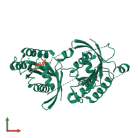 Homo dimeric assembly 5 of PDB entry 2nzj coloured by chemically distinct molecules, front view.