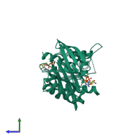 Homo dimeric assembly 5 of PDB entry 2nzj coloured by chemically distinct molecules, side view.