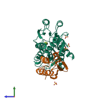 PDB entry 2nzv coloured by chain, side view.