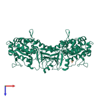 Homo dimeric assembly 1 of PDB entry 2nzw coloured by chemically distinct molecules, top view.