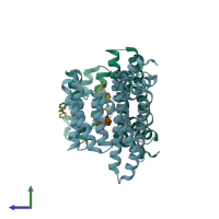 PDB entry 2o02 coloured by chain, side view.