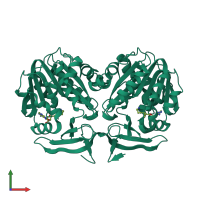 Homo dimeric assembly 1 of PDB entry 2o0l coloured by chemically distinct molecules, front view.