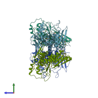 PDB entry 2o18 coloured by chain, side view.