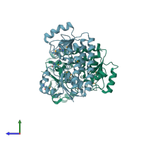 PDB entry 2o1e coloured by chain, side view.