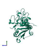 PDB entry 2o1g coloured by chain, side view.