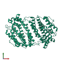 Homo dimeric assembly 1 of PDB entry 2o1z coloured by chemically distinct molecules, front view.
