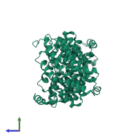 Homo dimeric assembly 1 of PDB entry 2o1z coloured by chemically distinct molecules, side view.