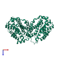 Homo dimeric assembly 1 of PDB entry 2o1z coloured by chemically distinct molecules, top view.