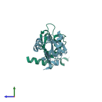 PDB entry 2o2t coloured by chain, side view.