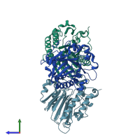 PDB entry 2o3c coloured by chain, side view.