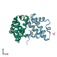 PDB entry 2o3l coloured by chain, front view.