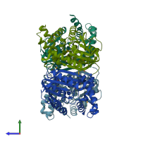 PDB entry 2o57 coloured by chain, side view.