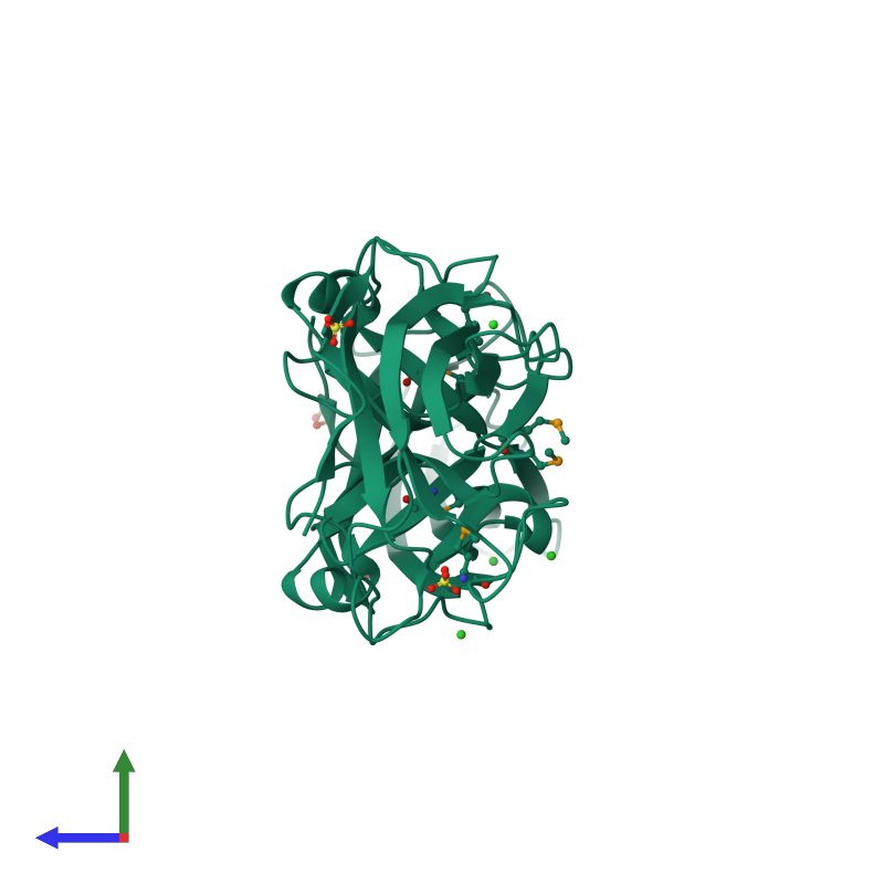 <div class='caption-body'><ul class ='image_legend_ul'> Dimeric assembly 1 of PDB entry 2o6c coloured by chemically distinct molecules and viewed from the side. This assembly contains:<li class ='image_legend_li'>2 copies of 34 kDa membrane antigen</li><li class ='image_legend_li'>4 copies of CHLORIDE ION</li><li class ='image_legend_li'>2 copies of 1,2-ETHANEDIOL</li><li class ='image_legend_li'>2 copies of SULFATE ION</li></ul></div>