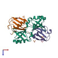 Hetero tetrameric assembly 3 of PDB entry 2o6v coloured by chemically distinct molecules, top view.