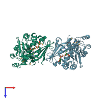 PDB entry 2o7p coloured by chain, top view.