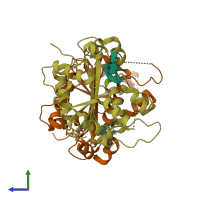 PDB entry 2oa8 coloured by chain, side view.