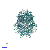 PDB entry 2oae coloured by chain, side view.