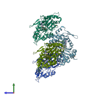 PDB entry 2oan coloured by chain, side view.