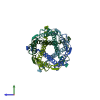 PDB entry 2oar coloured by chain, side view.