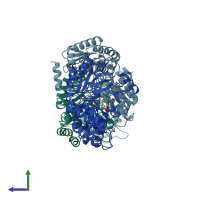 PDB entry 2oat coloured by chain, side view.