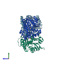 PDB entry 2ob1 coloured by chain, side view.