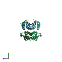 PDB entry 2obk coloured by chain, side view.