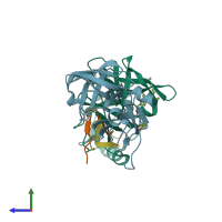 PDB entry 2oc1 coloured by chain, side view.