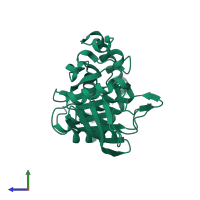 PDB entry 2oc3 coloured by chain, side view.