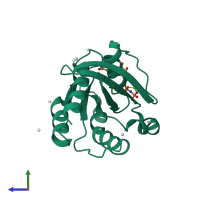 PDB entry 2ocb coloured by chain, side view.