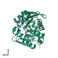 PDB entry 2ock coloured by chain, side view.