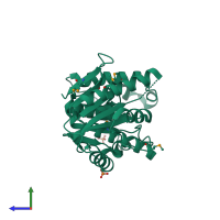 PDB entry 2ocx coloured by chain, side view.