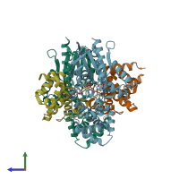 PDB entry 2ode coloured by chain, side view.