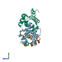 PDB entry 2odg coloured by chain, side view.