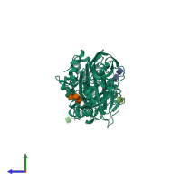PDB entry 2odp coloured by chain, side view.