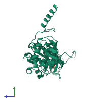 PDB entry 2oe2 coloured by chain, side view.