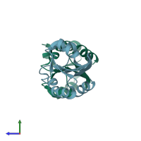 PDB entry 2oe3 coloured by chain, side view.