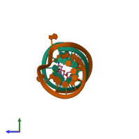 PDB entry 2oe5 coloured by chain, side view.