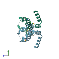 PDB entry 2oee coloured by chain, side view.