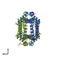 PDB entry 2oeq coloured by chain, side view.