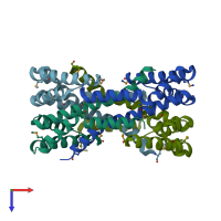 PDB entry 2oeq coloured by chain, top view.