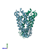 PDB entry 2oer coloured by chain, side view.