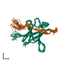 PDB entry 2ofq coloured by chain, ensemble of 20 models, front view.