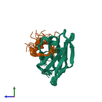 PDB entry 2ofq coloured by chain, ensemble of 20 models, side view.