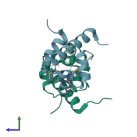 PDB entry 2ofy coloured by chain, side view.